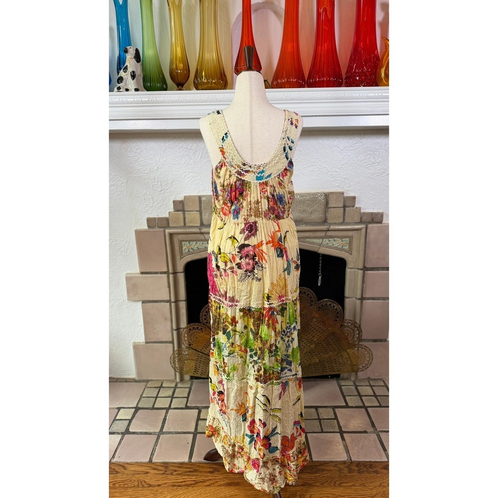 Palak Boho Tiered Maxi Dress Cotton Eyelet Mixed Floral Rick Rack India M - Picture 3 of 11